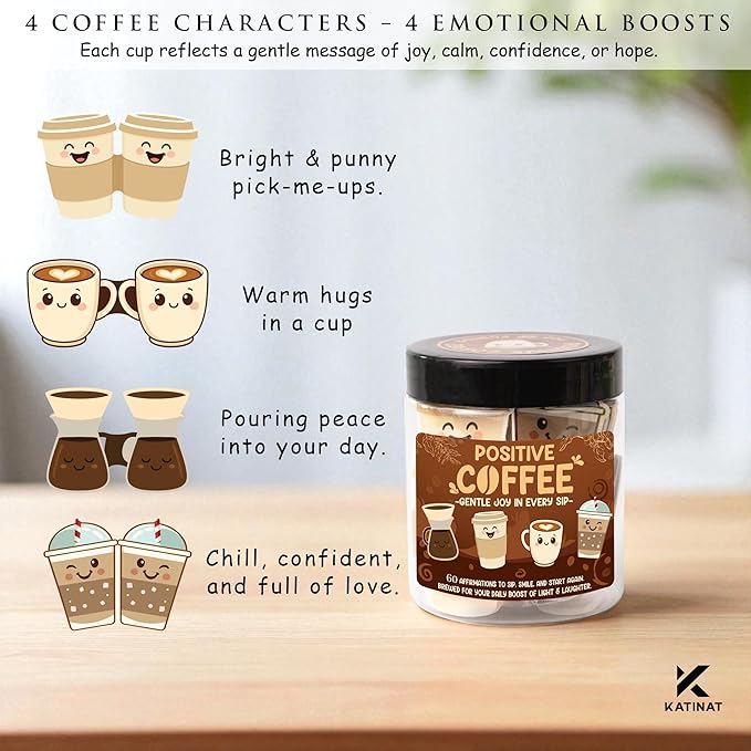 Positive Coffee Affirmation Jar – 60pcs Cute Emotional Support Coffee – Coffee Gifts for Men, Women– Birthday Gift, White Elephant Gifts for Coworker, Boss, Teacher, Teens, Back to School Gift