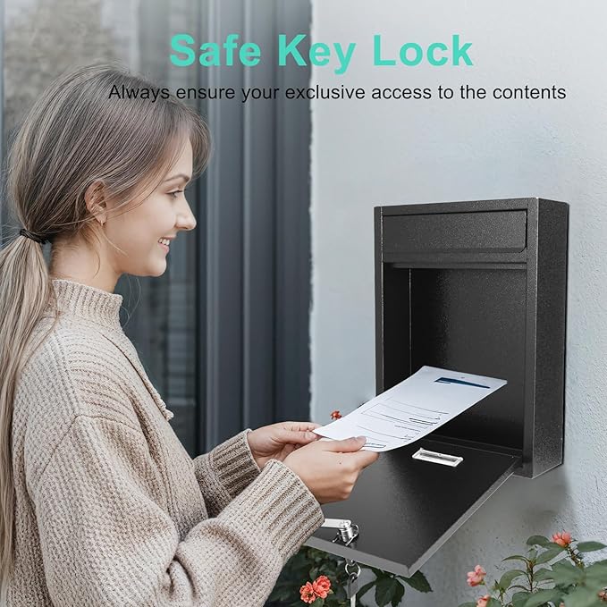 Locking Steel Mailbox, Wall Mounted - Post Office Box, Extra Large Space Secure, Comes with 2 Keys 3 Sets 0-9 Numbers - Dimensions 10.3" L x 3.35" W x 13.8" H, Black