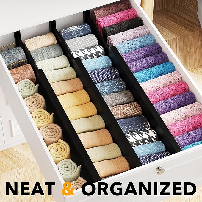 SpaceAid Bamboo Dresser Drawer Dividers 6 Pack, 4.65“ High Adjustable 17“-22” Drawer Organizers, Expandable Organization for Clothing, Clothes, Dressers, Black