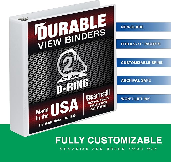 Samsill Durable 2 Inch Binder, Made in The USA, D Ring Binder, Customizable Clear View Cover, Pearl White, Holds 475 Pages