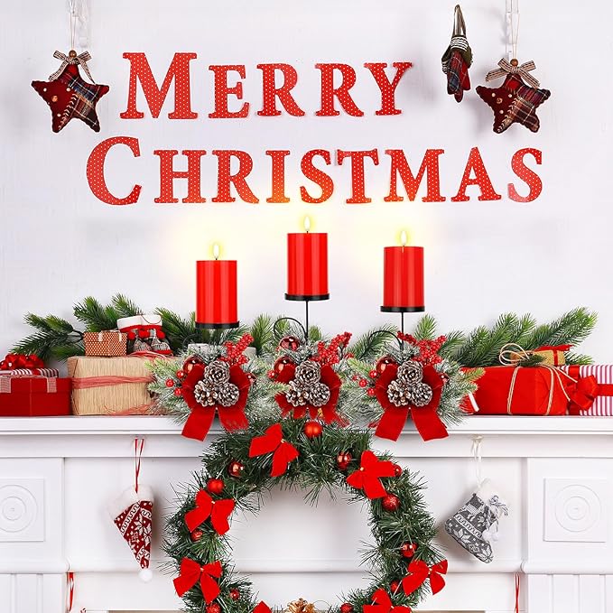 Yunlly Set of 3 Christmas Centerpiece Candleholder with Flameless Candlelights, Xmas Ball Adorned Candelabrum for Xmas Family Party Holiday Table Mantle Decoration