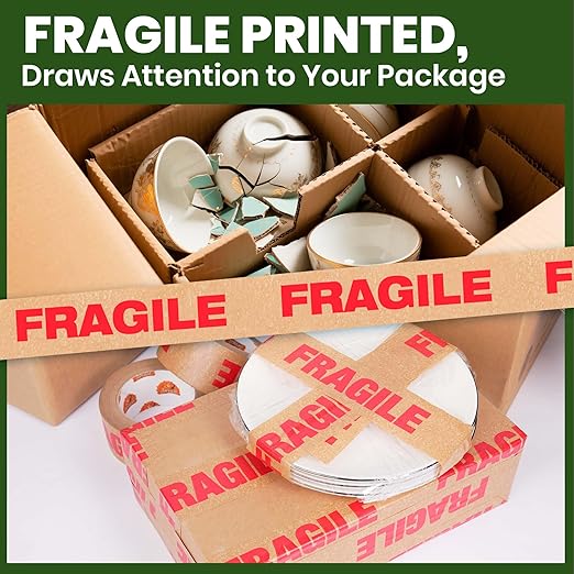 TAPEBEAR Fragile Tape Eco-Friendly Kraft Paper Tape 2Inch x 55Yard, Biodegradable Packaging Brown Paper Tape Self Adhesive Box Tape for Small Business, Shipping, Sealing, Moving, 3Rolls