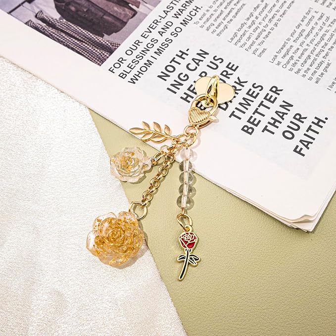 Rose Purse Charms Cute Flower Keychain With Heart Sticker Charm Chain For Kindle Colorful Bag Charms For Handbags