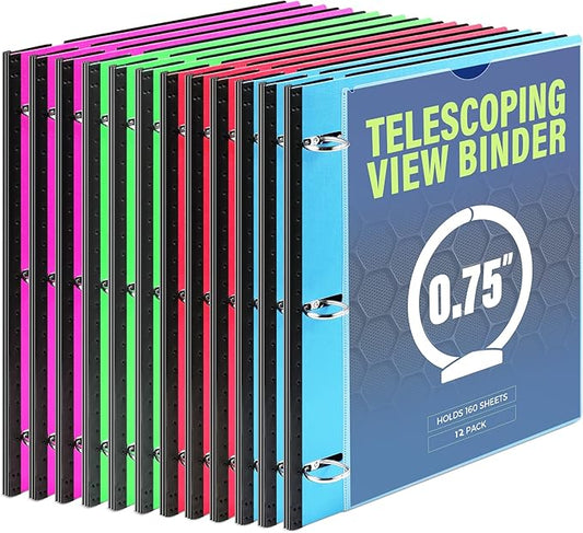 WOT I 12-Pack Telescoping 3 Ring Binder(0.75"), Expandable Flexible Binder - Patented Design for Easy Portability, Holds 160 Sheets, 4 Bright Colors, Perfect for School, Office&Home Organization