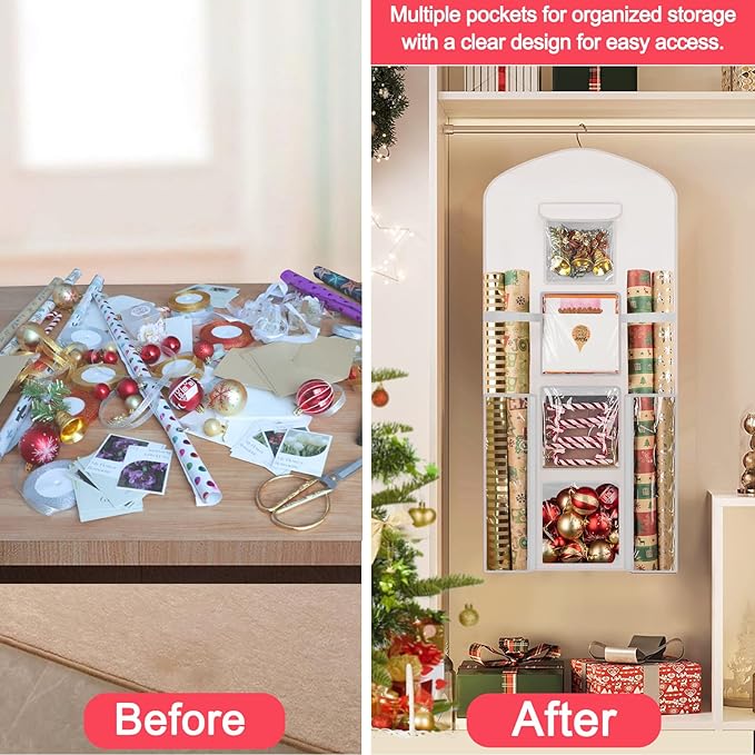Hanging Gift Wrapping Paper Storage, 40"X17" White Double-Sided Christmas Wrapper Bag Container, Oxford Craft Roll Organizer, Present Wrap Holder for Bedroom Closet, Door, Cabinet