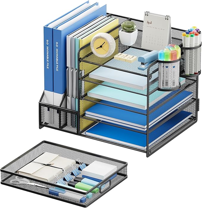 Lavatino Desk Organizer with File Holder, 5-Tier Paper Letter Tray Organizer with Sliding Drawer and 2 Pen Holder, Mesh Desktop File Organizer for Office Supplies (Black)