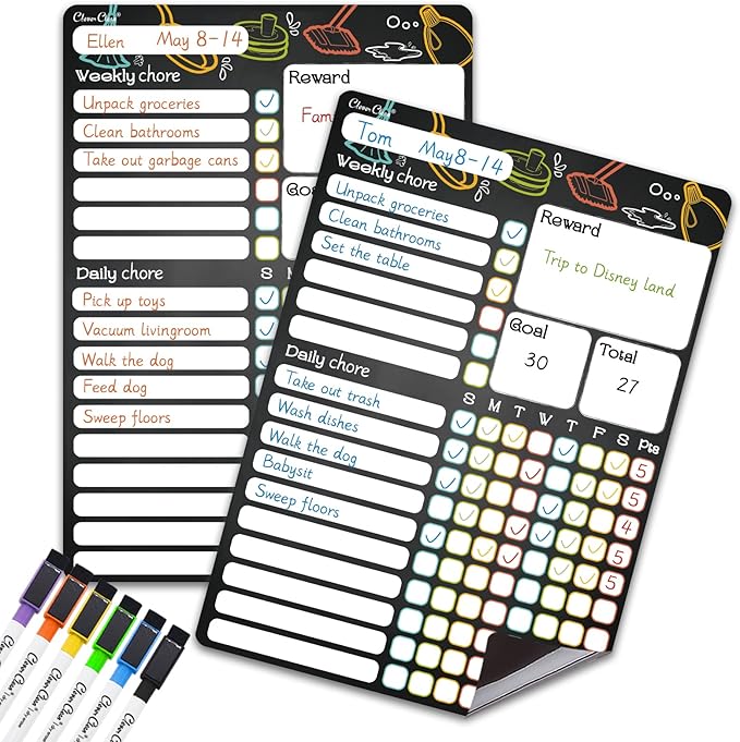 CLEVER CLEAN Magnetic Dry Erase Chore Chart - 8.5"x12" Behavior Responsibility Chore Board for Kids, Teenagers, Adults - 6 Extra Fine Point Markers Included - Shipped Flat