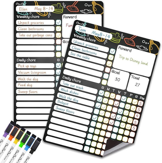 CLEVER CLEAN Magnetic Dry Erase Chore Chart - 8.5"x12" Behavior Responsibility Chore Board for Kids, Teenagers, Adults - 6 Extra Fine Point Markers Included - Shipped Flat