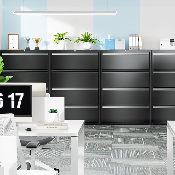 Crownland Lateral File Cabinet with 4 Drawers, 28" W Metal Lockable Office File Cabinets for Home Office- Stores Letter/Legal/A4/F4 Files(Black)