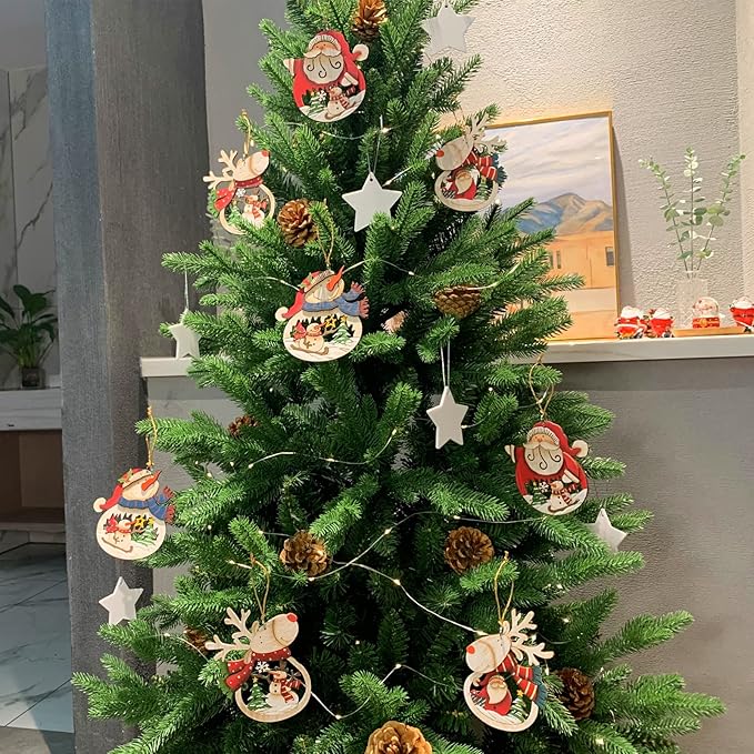 Christmas Ornaments Set 8-Pack, Retro Xmas Tree Hanging Ornaments, Wooden Santa Snowman Xmas Reideer Ornaments for Tree Holiday Decorations, Outdoor Holiday Home Decorations