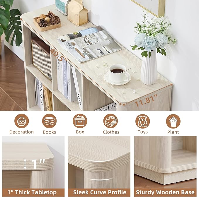 6 Cube Bookcase, 40" Wide Low Horizontal Book Shelf w/Curved Edge, Wood Floor Standing 2-Tier Bookshelf with Base, Modern Short Storage Cabinet Book Case for Bedroom, Office, White Cream Oak