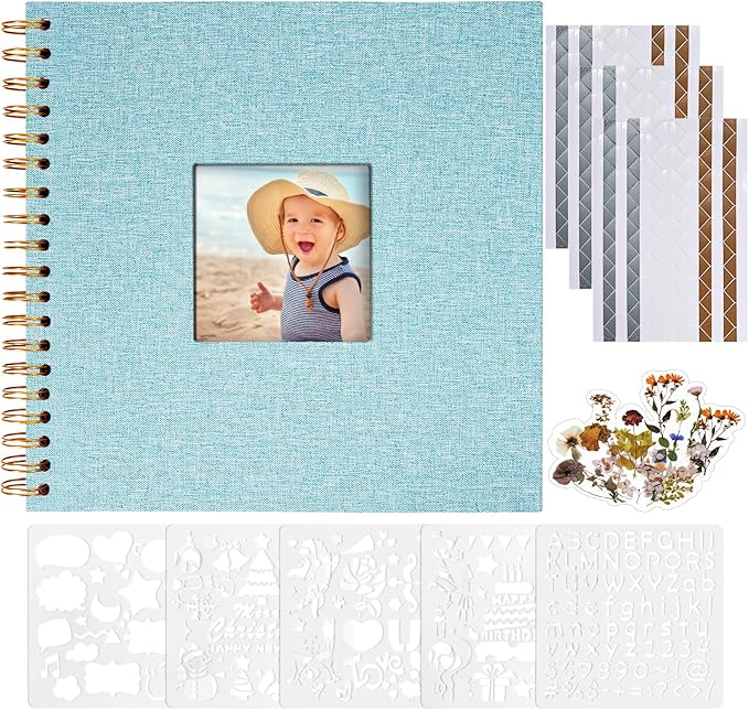 Vienrose 8x8 Inch Scrapbook DIY Small Hardcover Kraft White Pages Scrapbook Photo Album Linen Cover Scrap Book Photo Albums Scrapbooking Supplies Kit for Couple Family Wedding Travel