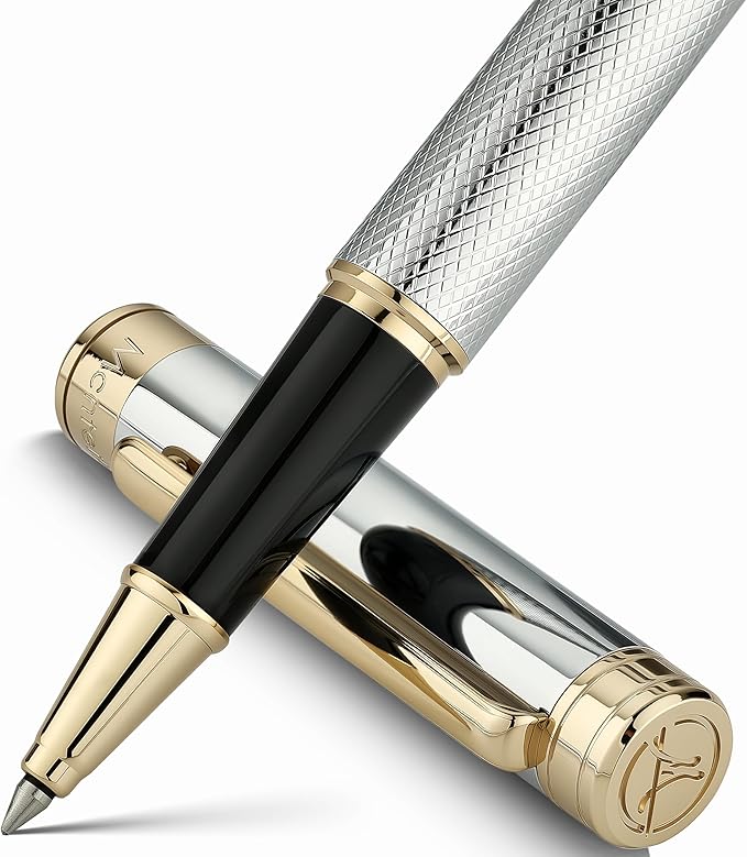 Silver Chrome Rollerball Pen, Stunning Luxury Pen with Mesh Texture Design、Silver Chrome Finish and 24K Gold Accents, Nice Gift Set for Men & Women, Business, Executive, Office, Fancy Pens