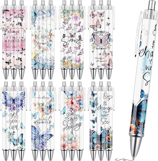 Butterfly Print Ballpoint Pens - 24PCS Kawaii Butterfly Pens Set Retractable Positive Affirmation Pens Smooth Writing Pens for Office Stationery Home School Supplies for Women Teacher Gifts