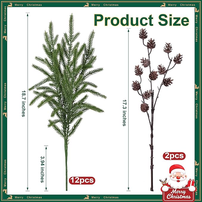 Artificial Christmas Norfolk Pine Stems Branches for Vases,12 Bundles Fake Pine Stems with 2 PCS Small Pinecones Branches Faux Evergreen Real Touch Greenery for Xmas Holiday Winter Table Indoor Decor