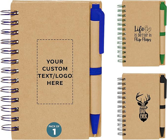 DISCOUNT PROMOS Custom Mini Spiral Notebooks with Black Ink Pens Set of 1, Personalized Bulk Pack - Perfect for Office, Business, Home - Blue