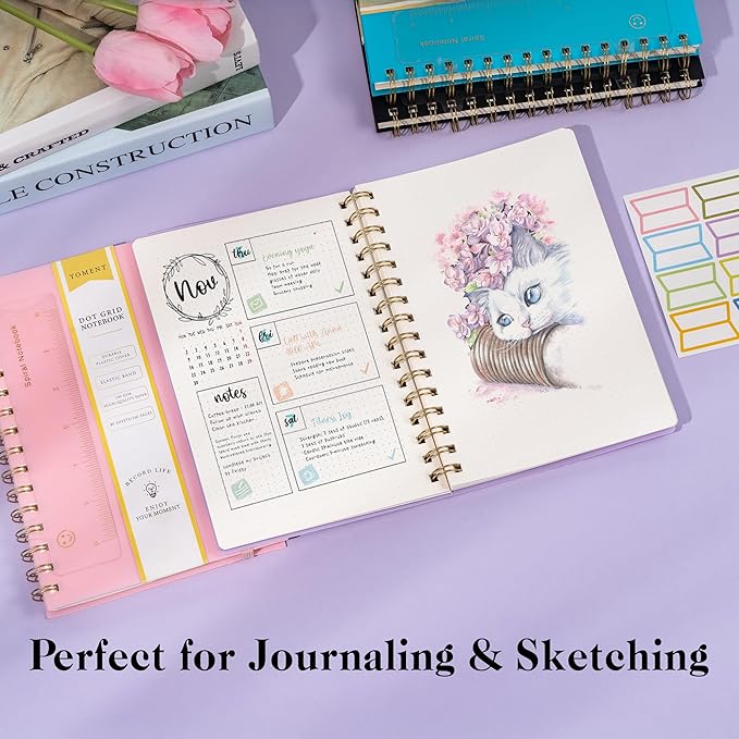 Dot Grid Spiral Notebook A5 Spiral Bullet Dotted Journal 160 Pages Thick Dot Paper Notebooks Plastic Hardcover Spiral Notebook 5x7 Wire Bound Notebooks for Note Taking School Office Supplies,Purple