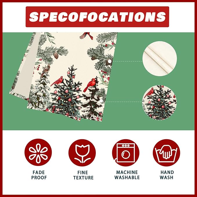 XCHI Cardinal Birds Winter Pine Tree Christmas Xmas Table Runner Table Decoration for Home Kitchen Dining Holiday Decor 13x120 Inch