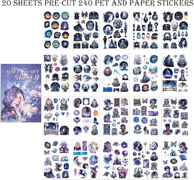 Fantasy Magic Scrapbook Stickers 20 Sheets 240 Pre-Cut Washi Stickers for Journaling PET Transparent Book Sticker Decorative or DIY Paper Crafts, Arts and Crafting Projects