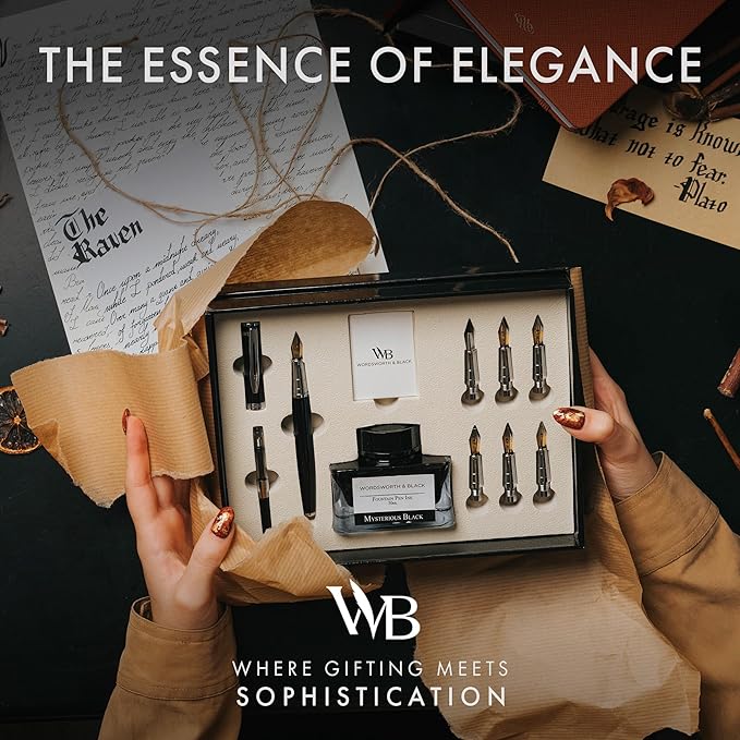 Wordsworth & Black Calligraphy Pen Gift Set, Includes Bottle, 6 Cartridges, Refill Converter, 6 Replacement Nibs, Premium Package, Journaling, Smooth Writing Pens [Black Chrome]
