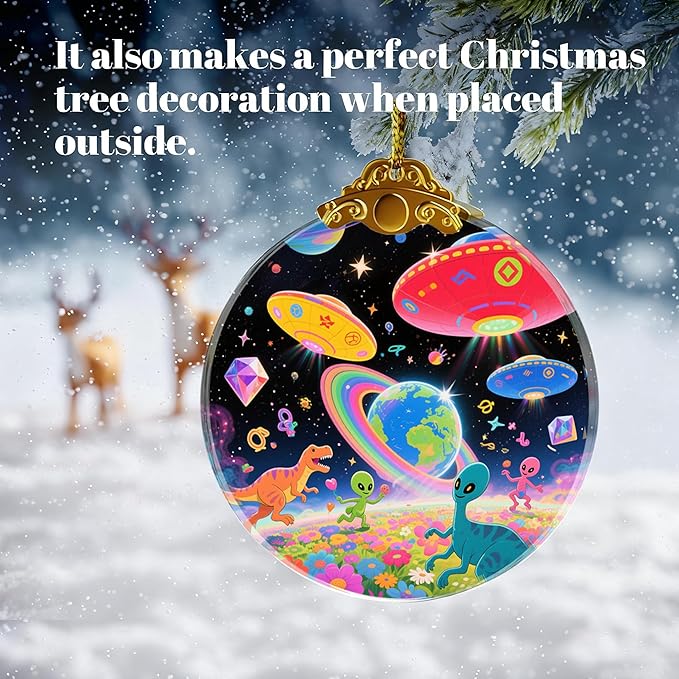 UFO Alien Glass Ornaments, UFO, Dinosaur & Alien Christmas Ornament for Christmas Tree Decor, Holiday Presents, Exchange Ideal Gift for Space & Fantasy Lovers