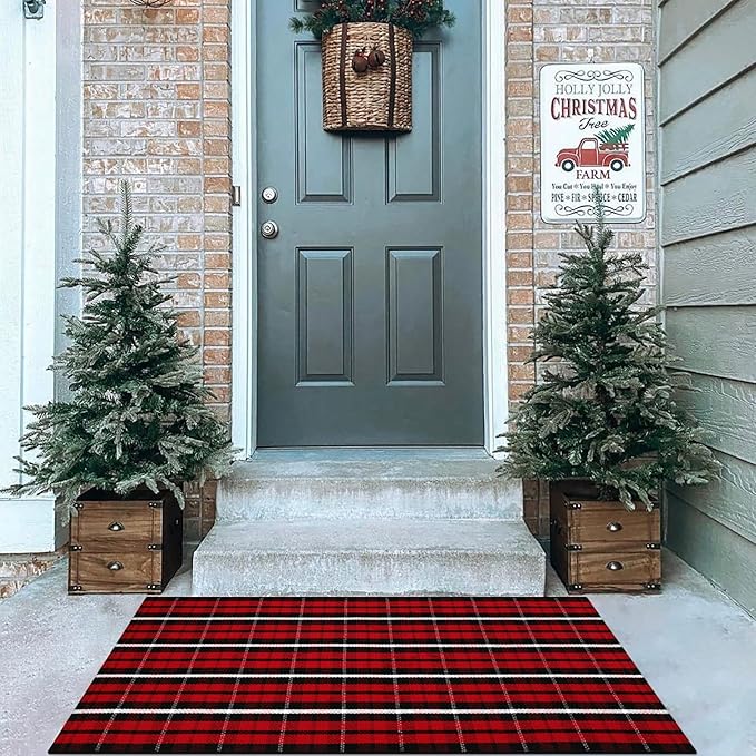 KIMODE Christmas Door Mat Outdoor 24"X51",Red/Black Buffalo Plaid Rug,Washable Cotton Hand-Woven Layered Door Mats,Reversible Outdoor Christmas Decor for Front Porch,Entryway,Kitchen