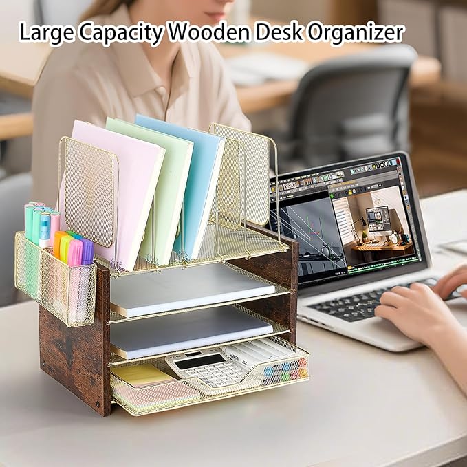 Gold Desk Organizers and Accessories,4-Tier Desktop File Organizer with Drawer, Wood Paper Organizer with 5 Vertical File Holders and Pen Holder for Office Supplies