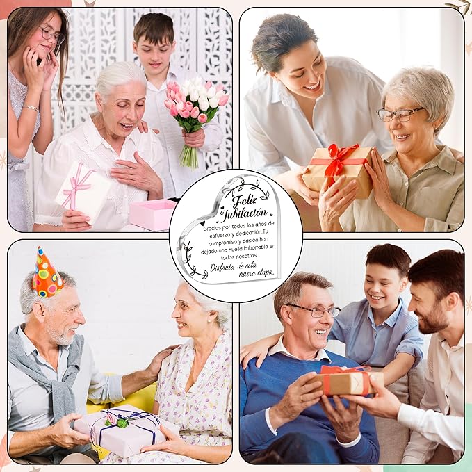 Yopyame Spanish Retirement Acrylic Gifts - Regalos para Feliz jubilación Heart Acrylic Plaque for Women Men Unique Acrylic Keepsake Paperweight for Retirees in Spanish Retirement Party Plaque Decor