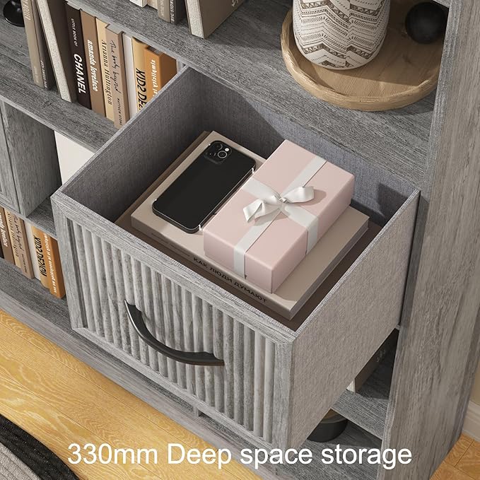 70" Tall Book Shelf and Bookcase, Tall Bookshelf with Storage, 48" Wide Modern Bookcase with Drawers Adjustable 3 Bins Storage, Large Bookshelf Wood 13" Deep Display Shelves for Living Room, Grey