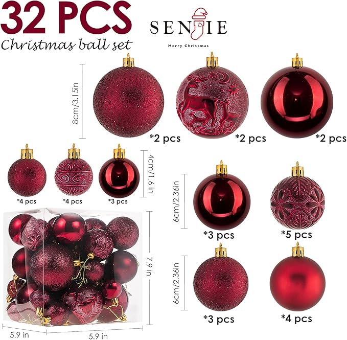 Christmas Ornaments for Xmas Trees,Burgundy Shatterproof Christmas Ball Ornaments