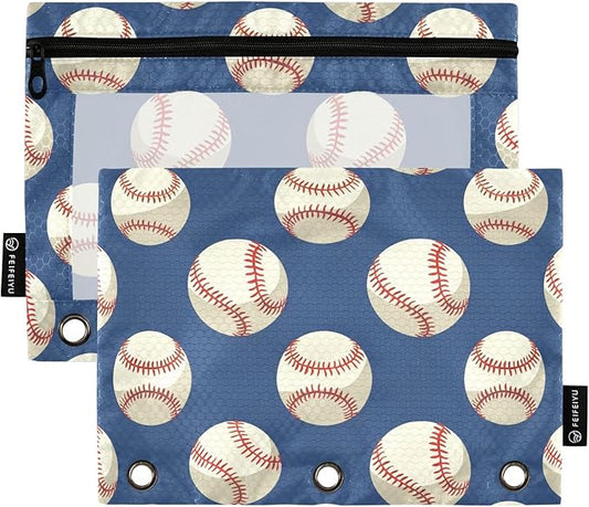 Baseballs Ball on Blue Pencil Pouch for 3 Ring Binder, 2 Pack Waterproof Pencil Bags Clear Window Zipper School Office Supplies