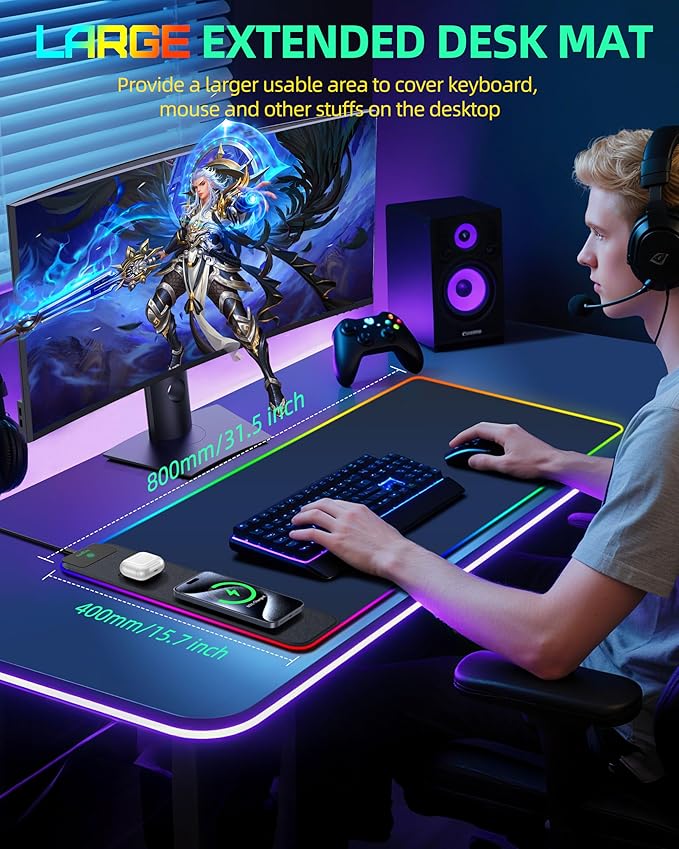 Mouse Pad with Wireless Charging, RGB Gaming Desk Mat, 31.5"x15.7" Large XXL Desk Pad, 15 Lighting Modes, Non-Slip Mouse Mat, Waterproof Computer Keyboard Pad, Black with 20W PD Power Adapter