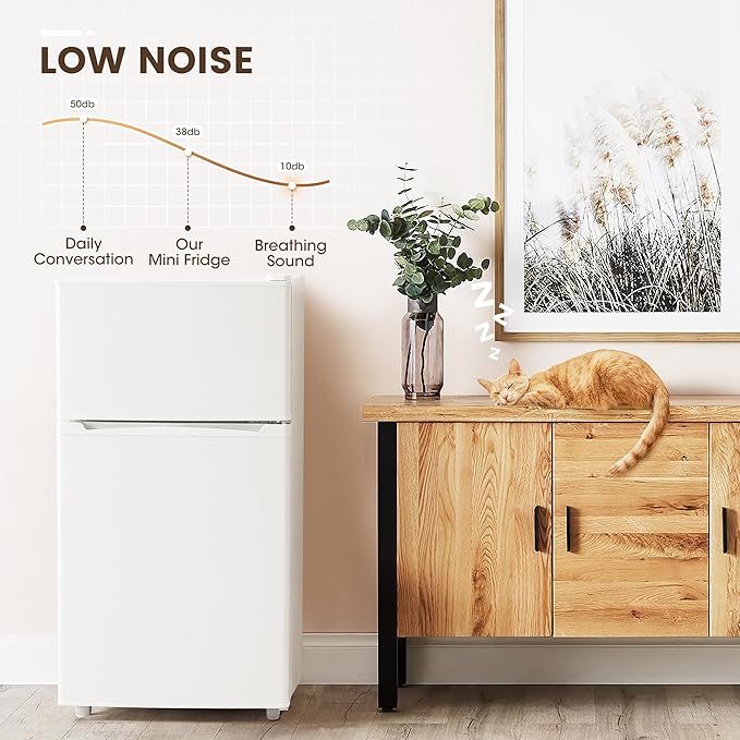 3.55 Cu.Ft Mini Fridge with Freezer, Small Fridge with 2 Doors for Office, Kitchen, Dorm and Bedroom, Mini Refrigerator with Adjustable Shelves (White)