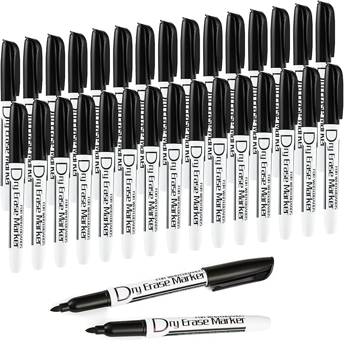 Volcanics Black Dry Erase Markers Low Odor Fine Whiteboard Markers Thin Box of 30