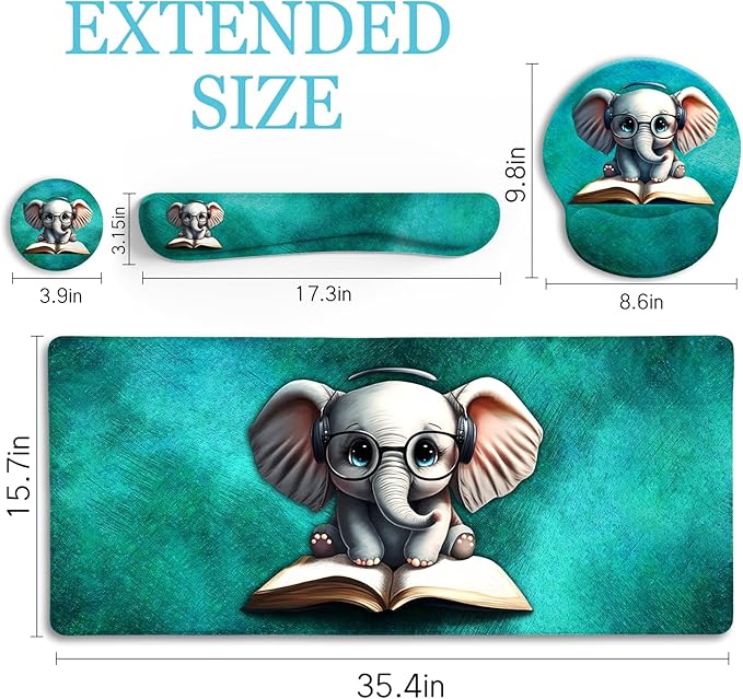 Desk Mat Pad, Large Gaming Mouse Pad with Wrist Rest Wrist Support, Ergonomic Mouse Pad Keyboard Mat Wrist Rest, Cup Coaster, Home Office Desk Accessories Decor Supplies, Cute Elephant