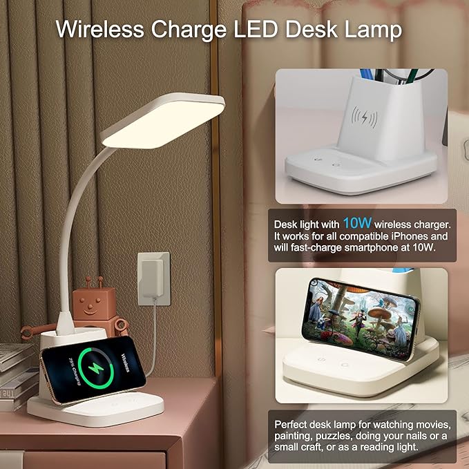 LED Desk Lamp with Wireless Charger, Sailstar White Desk Light with Pen Holder, 3 Color Modes with Stepless Dimming, CRI 85, 800 Lumen, Study Lamps for College Dorm Room, Home Office, Adapter Included