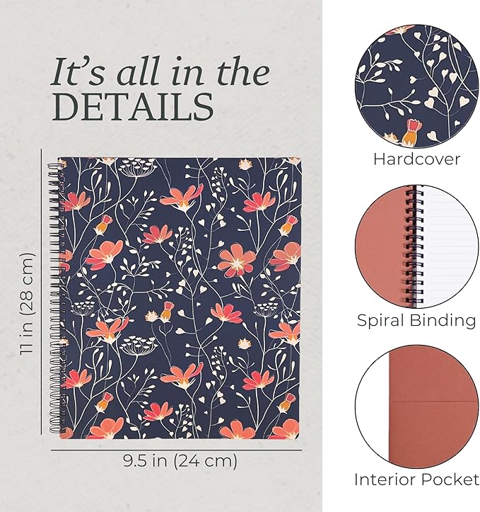 Steel Mill & Co Cute Large Spiral Notebook College Ruled, 11" x 9.5" with Durable Hardcover and 160 Lined Pages, Floral Vines