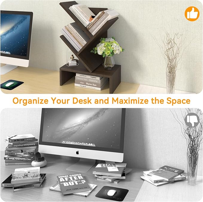 Godferyxin Tree Bookshelf with Drawer,Wood Desk Bookshelf for School,Office,Small Book Shelf Storage Rack for Decor,Bedrooms,Living Rooms Mini Shelf