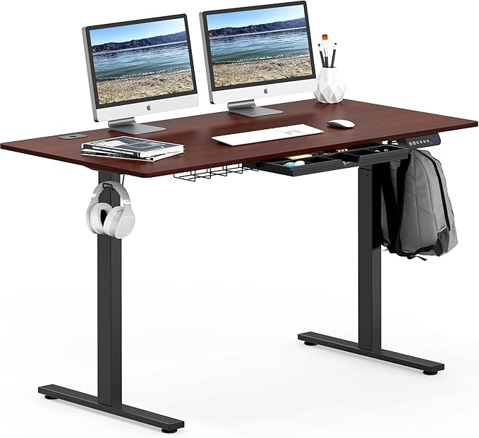 SHW 55 x 28 Inches Electric Height Adjustable Standing Desk with Drawer and Memory Preset, Cherry