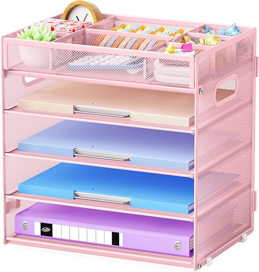Marbrasse 5-Tier Letter Tray Paper Organizer with Handle, Multi-Functional Mesh File Organizer for Desk, Adjustable Compartments Mesh Desktop Storage for Office Supplies, Pink