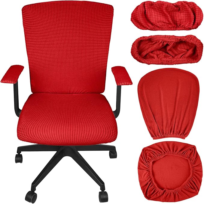Tallew 4 Pcs Office Chair Covers Set Computer Universal Protective Stretchable Chair Seat Covers Desk Armrest Slipcovers Pads Office Cushion Backrest for Rotating (Red)