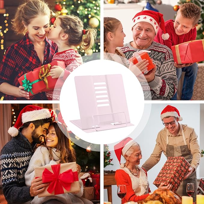 MSDADA Book Stand Metal Reading Rest Book Holder Adjustable Cookbook Documents Holder Portable Bookstands for Recipes Textbooks with Page Clips Birthday Gifts for Girls Mom Students(Macaron Pink)