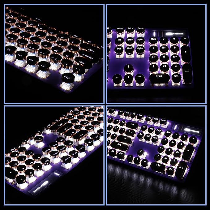 Camiysn Typewriter Style Mechanical Gaming Keyboard, Purple Retro Punk Gaming Keyboard with White Backlit, 104 Keys Blue Switch Wired Cute Keyboards, Round Keycaps for Windows/Mac/PC