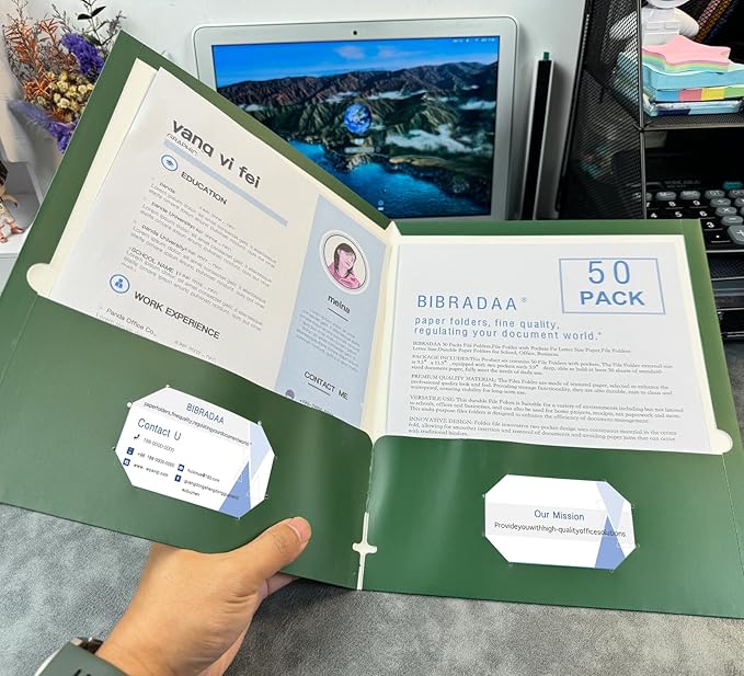 BIBRADAA® 50 Packs Dark Green Pocket Folders,Paper Folder Surface with Waterproofing,Letter Size,Holds 100 Plus Sheets,for School,Office,Business. (50, Dark Green)
