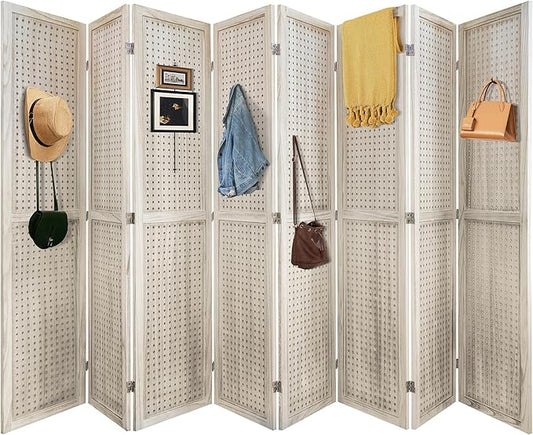NicBex 8 Panel Pegboard Display,5.6FT Wood PegBoard Room Dividers,Folding Privacy Screens Portable Freestanding Display Board for Craft/Art Shows,Room Separation,Natural Wood