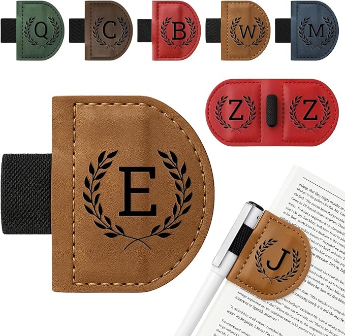Personalized Bygone Mark Bookmark with Pen Holder,Engraving Leather Magnetic Bookmarks Vintage 26 Letters Name Initials Text Book Marker Clips Gifts for Reading Book Lovers Women (Brown, E)