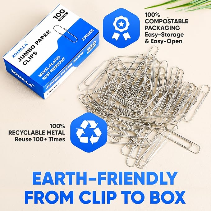 Large Paper Clips, Zomilla 1000pcs 2 Inches Jumbo Paper Clips Silver, Smooth Recyclable Large Paperclips for Office Home School, Stainless Steel Rustproof & Durable Big Paperclip