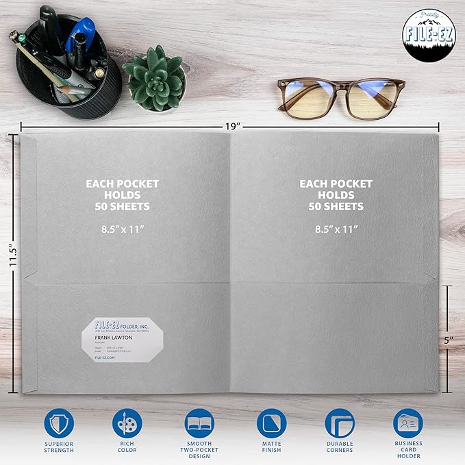 FILE-EZ Two-Pocket Folders, Gray, 125-Pack, Textured Paper, Letter Size (EZ-32430)