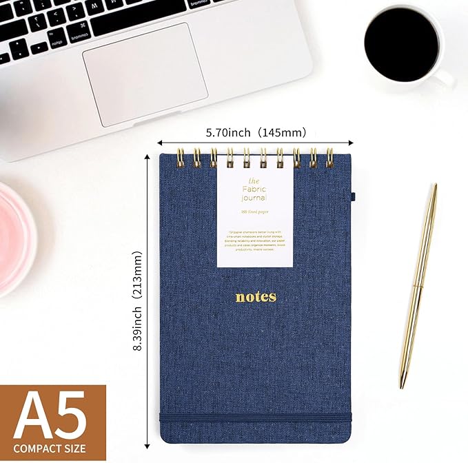 A5 Lined Journal Notebook – Hardcover Fabric Cover 160 Pages 100 GSM Thick Paper With Elastic Band & Pen Holder College Ruled Writing Notebooks for Work School Travel 3pack Dark Blue Set
