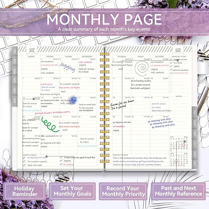 Planner 2026 -Weekly and Monthly Planner, AIMPEAK 2026 Weekly Planner with Tabs, Jan. 2026 - Dec. 2026, Calendar Planner for Women, Pen Loop, Flexible Cover, Spiral Binding, Purple Marble, 10"x7"
